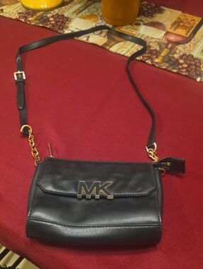 Michael Kors Black Leather Crossbody with Gold MK Logo